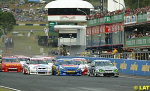 The start of race three, Skaife swamped by Tander, Ambrose and Lowndes