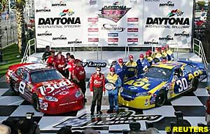 Front row starters Dale Earnhardt Jr, left, and polesitter Jeff Green, right, with their cars