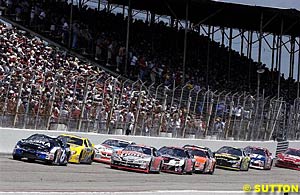 Mark Martin's car is battle-scarred after an early race restart