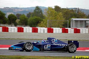 Franck Montagny tests the GP2 car at Barcelona last month